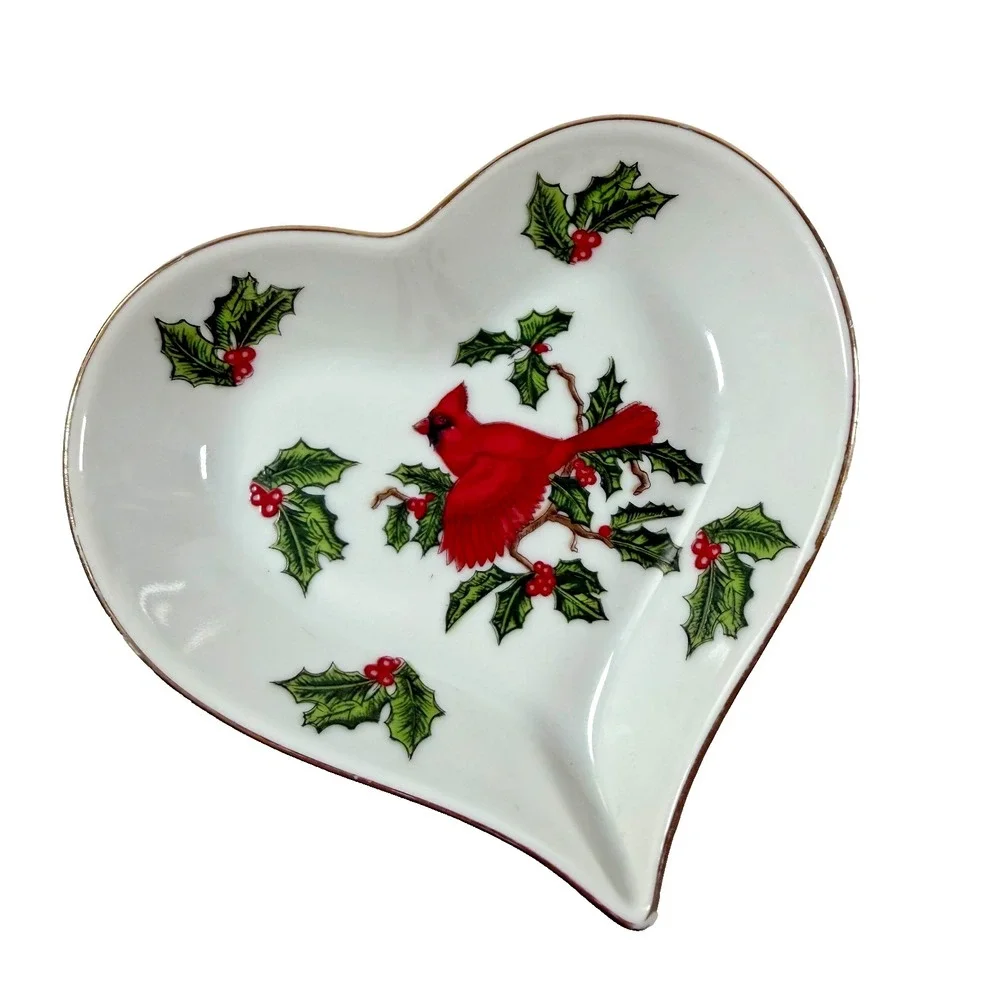 Lefton Trinket Heart Shaped Dish Cardinal Holly #2279 Handpainted Made in Japan‎